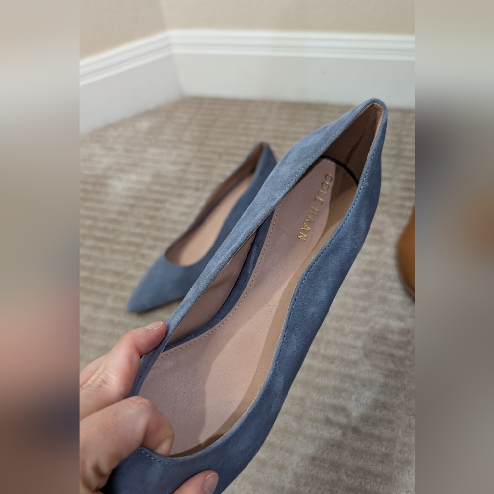 Blue Suede Pointed Toe Block Heel Pumps - Picture 4 of 10